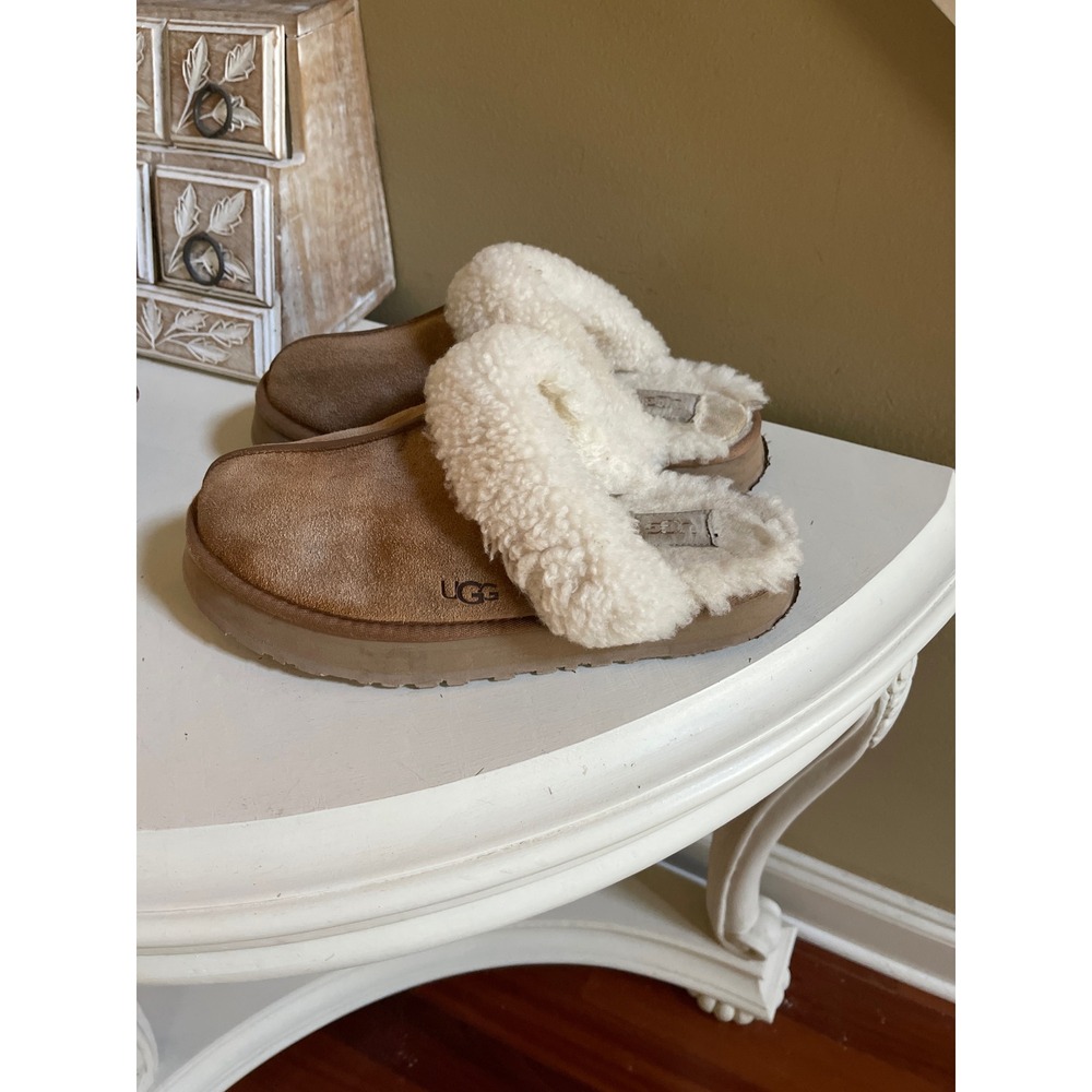 UGG Disquette Platform Slipper Chestnut Suede Shearling Mule Womens 10